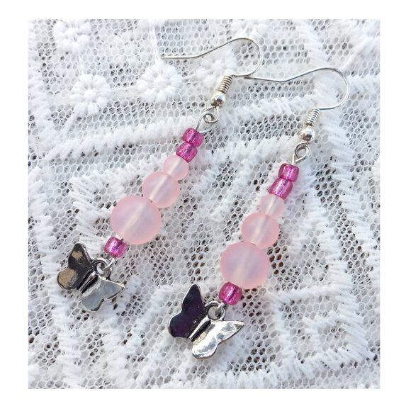Shades of Pink Glass Beaded Butterfly Earrings - Picture 1 of 4